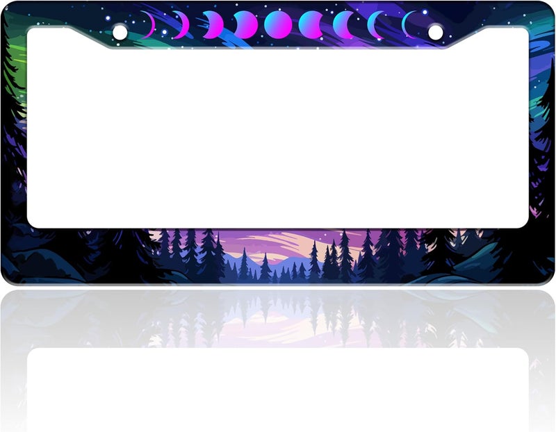 TINALUIN Moon Phases Aurora Forest License Plate Frame Night Sky Stainless Steel License Plate Holder for Front or Rear Car Tags Funny for Car Decoration Accessories with Screws 6.3 X 12.2 in for Women Men - Image 1